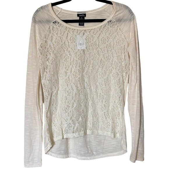 Rue 21 Ivory Cream High Low Knit Top Long-Sleeve Cotton Rayon Blend Women Size M - Picture 1 of 7